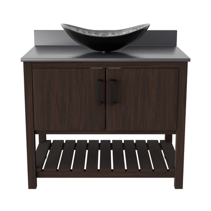 36-inch Novatto bath vanity with storm grey quartz countertop and integrated sink, modern bathroom accessory.