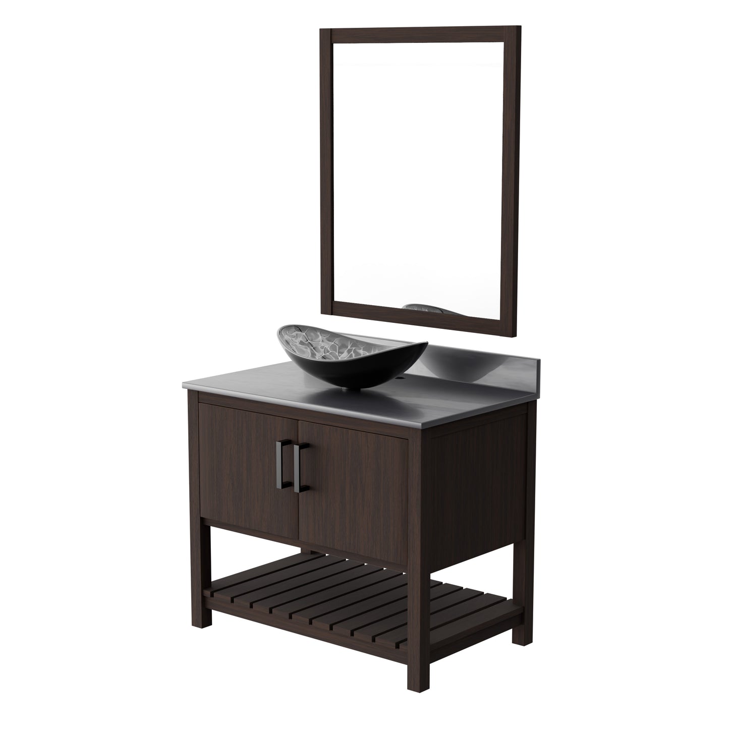 36-inch Novatto bath vanity with storm grey quartz countertop and sink, featuring modern bathroom accessory design.
