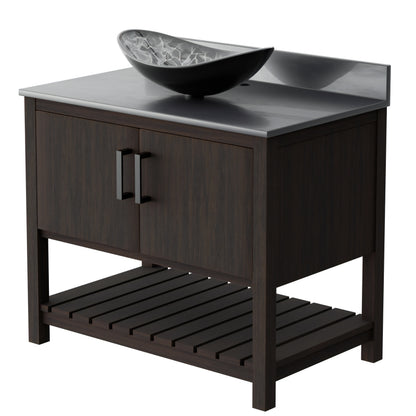 Novatto 36-inch bath vanity featuring storm grey quartz counter and sink, modern bathroom accessory with sleek design.