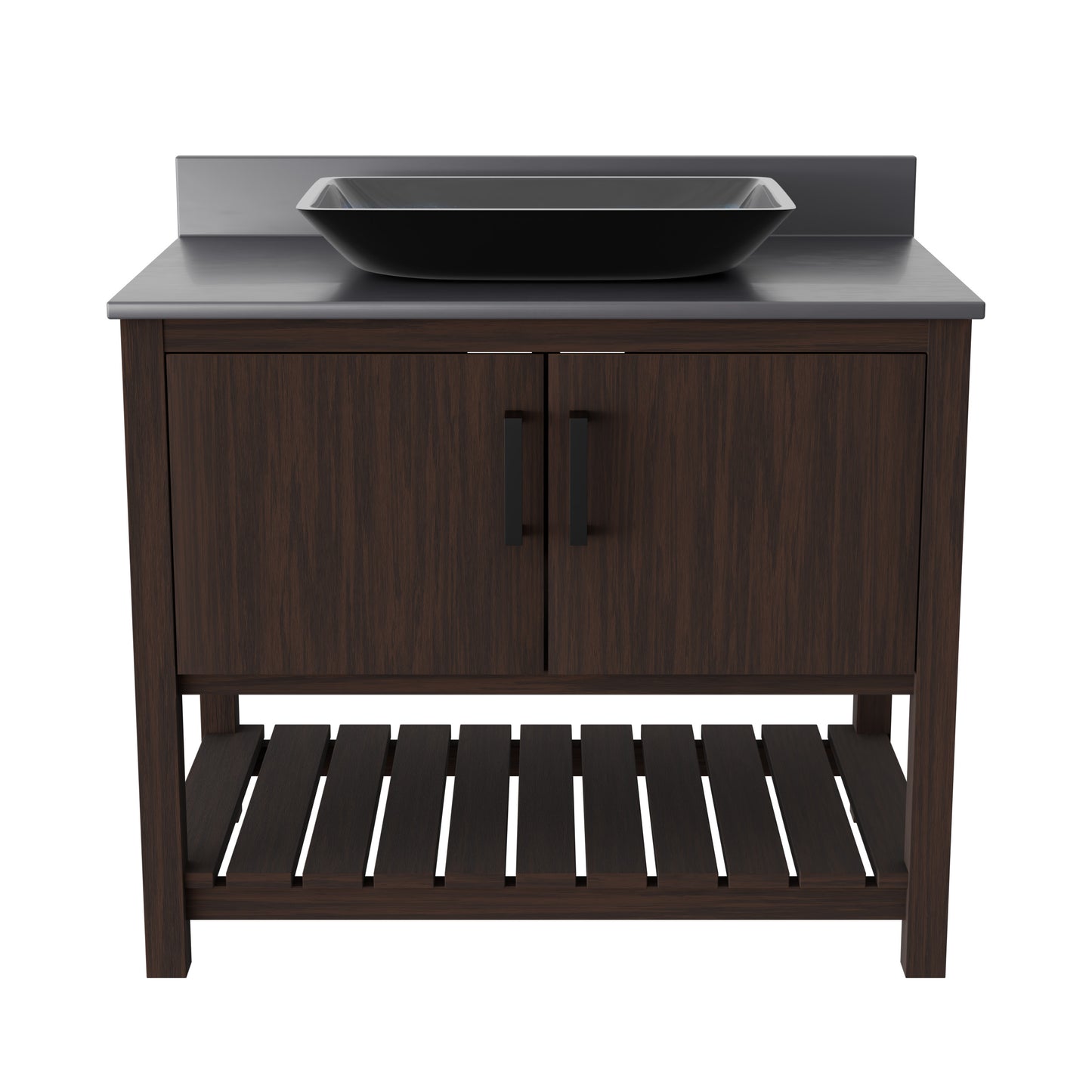 36-inch Novatto bath vanity with storm grey quartz countertop and integrated sink, showcasing sleek bathroom accessory design.