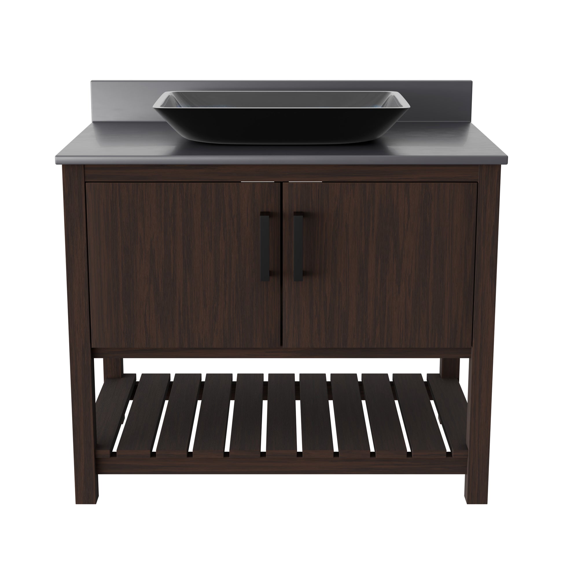 36-inch Novatto bath vanity with storm grey quartz countertop and integrated sink, showcasing sleek bathroom accessory design.