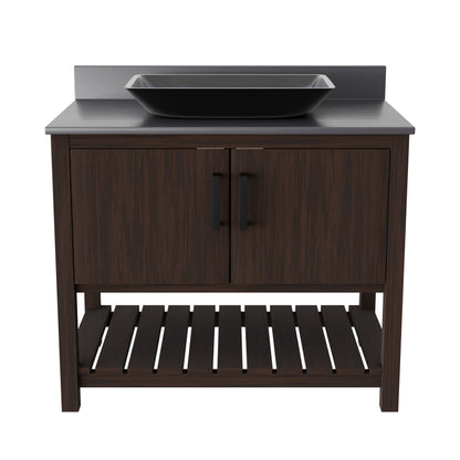 36-inch Novatto bath vanity with storm grey quartz countertop and integrated sink, showcasing sleek bathroom accessory design.