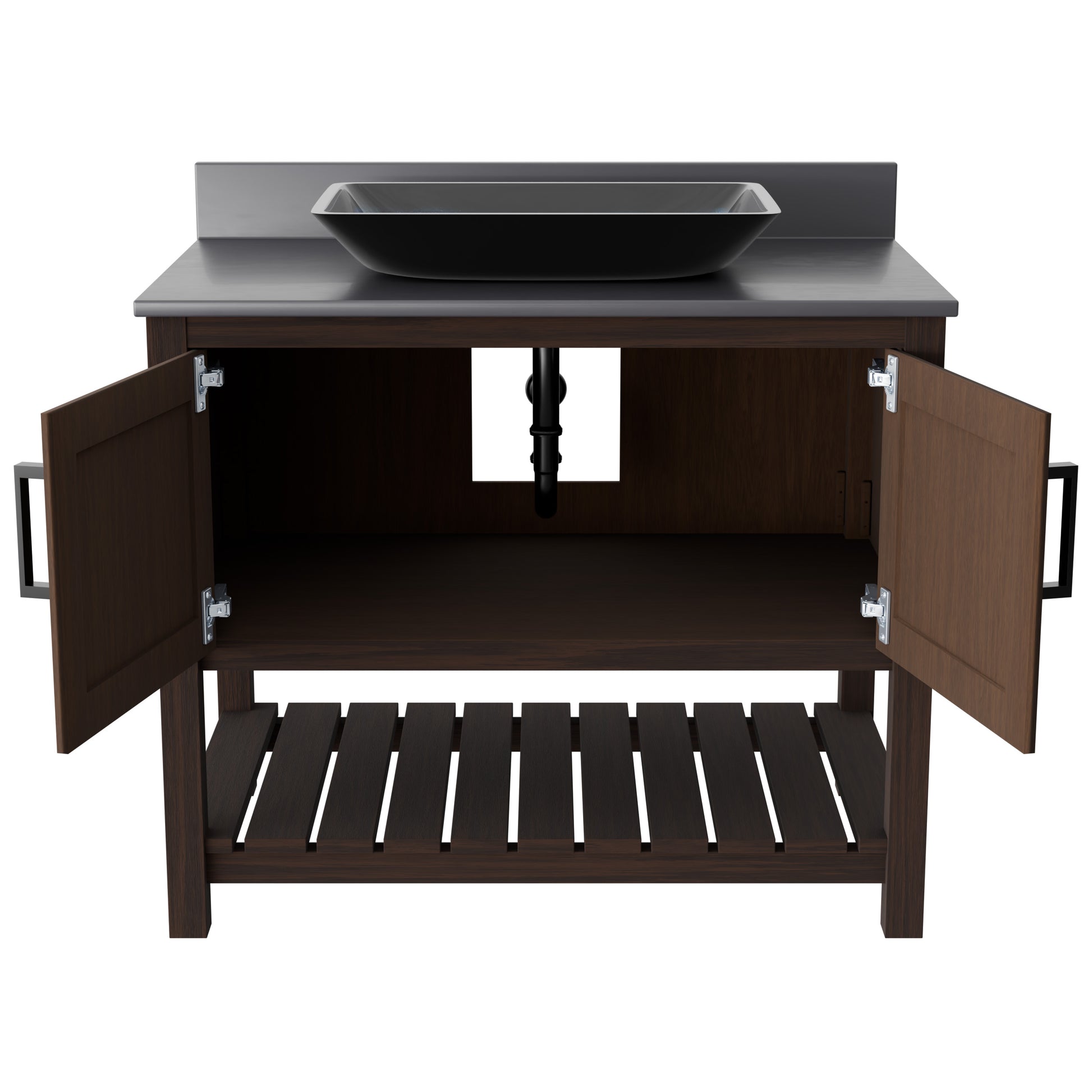 36-inch Novatto bath vanity with storm grey quartz countertop and integrated sink, showcasing sleek bathroom accessory design.