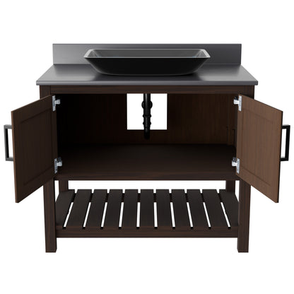 36-inch Novatto bath vanity with storm grey quartz countertop and integrated sink, showcasing sleek bathroom accessory design.