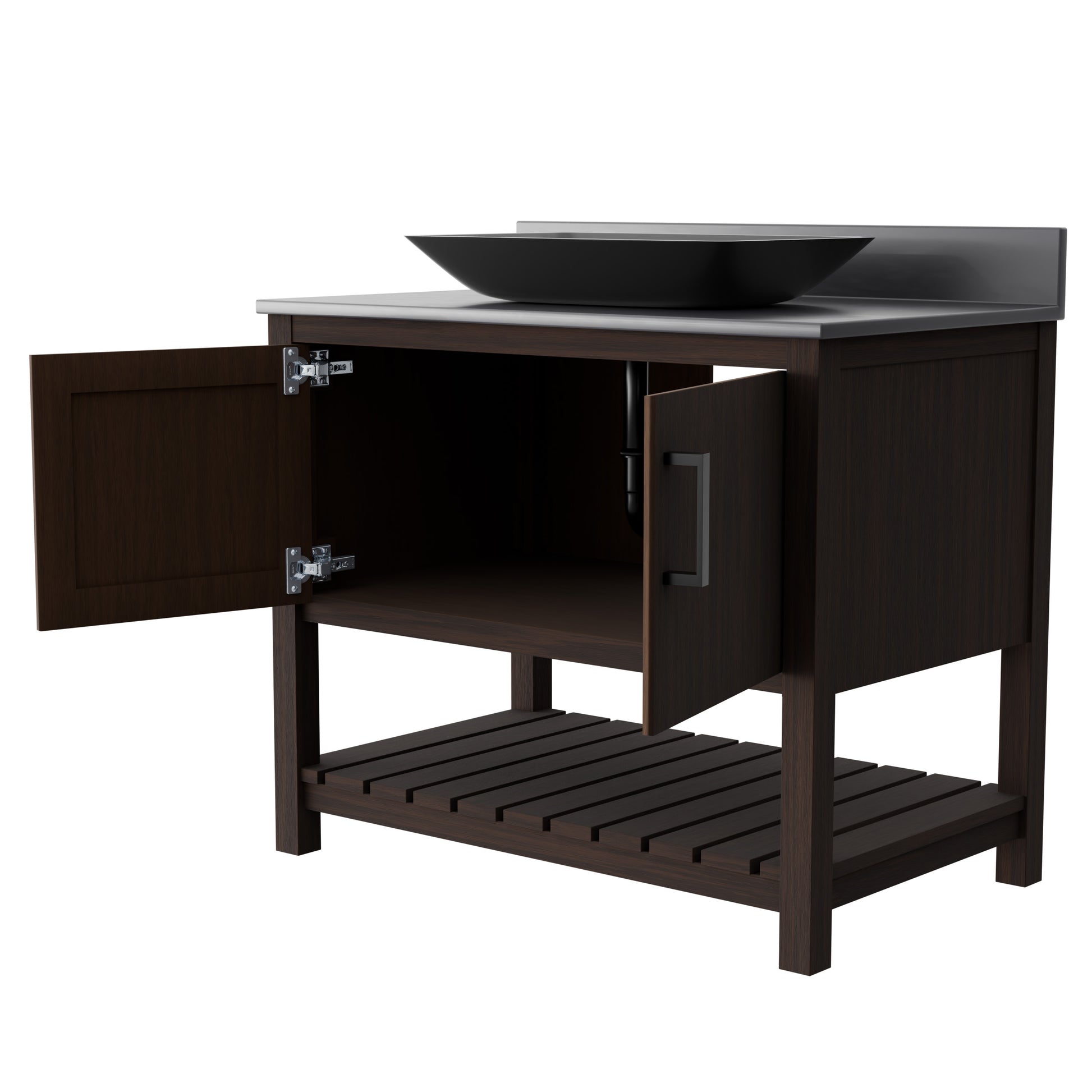 Novatto 36-inch bath vanity with storm grey quartz countertop and integrated sink, modern bathroom accessory.