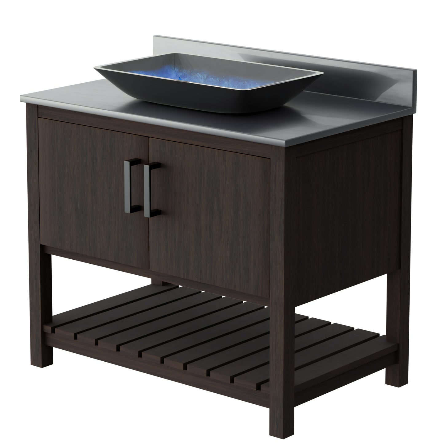 36-inch Novatto bath vanity with storm grey quartz countertop and integrated sink, shown from the front with sleek design details.