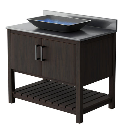 36-inch Novatto bath vanity with storm grey quartz countertop and integrated sink, shown from the front with sleek design details.