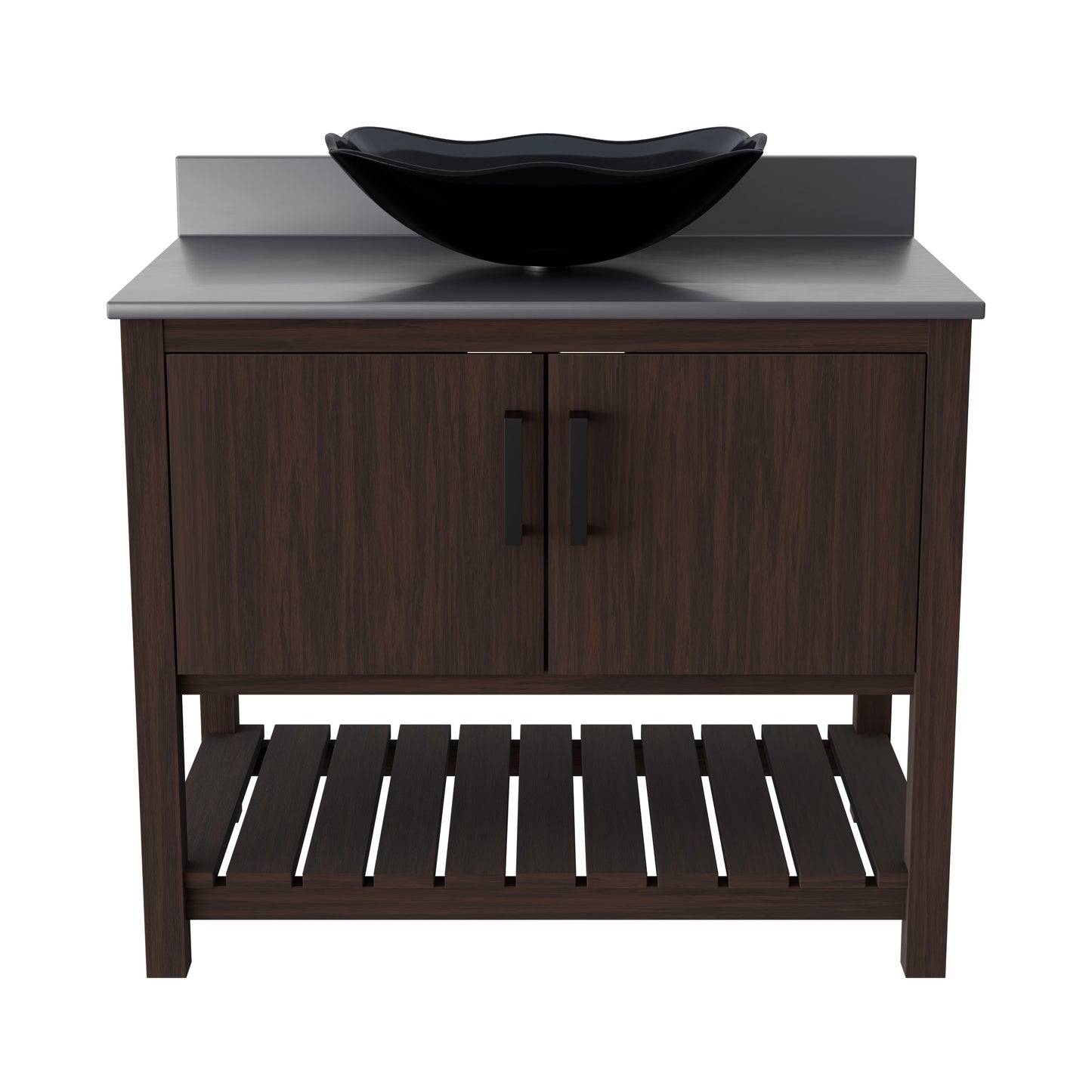 36-inch Novatto bath vanity with storm grey quartz countertop and integrated sink, featuring modern design and durable construction.