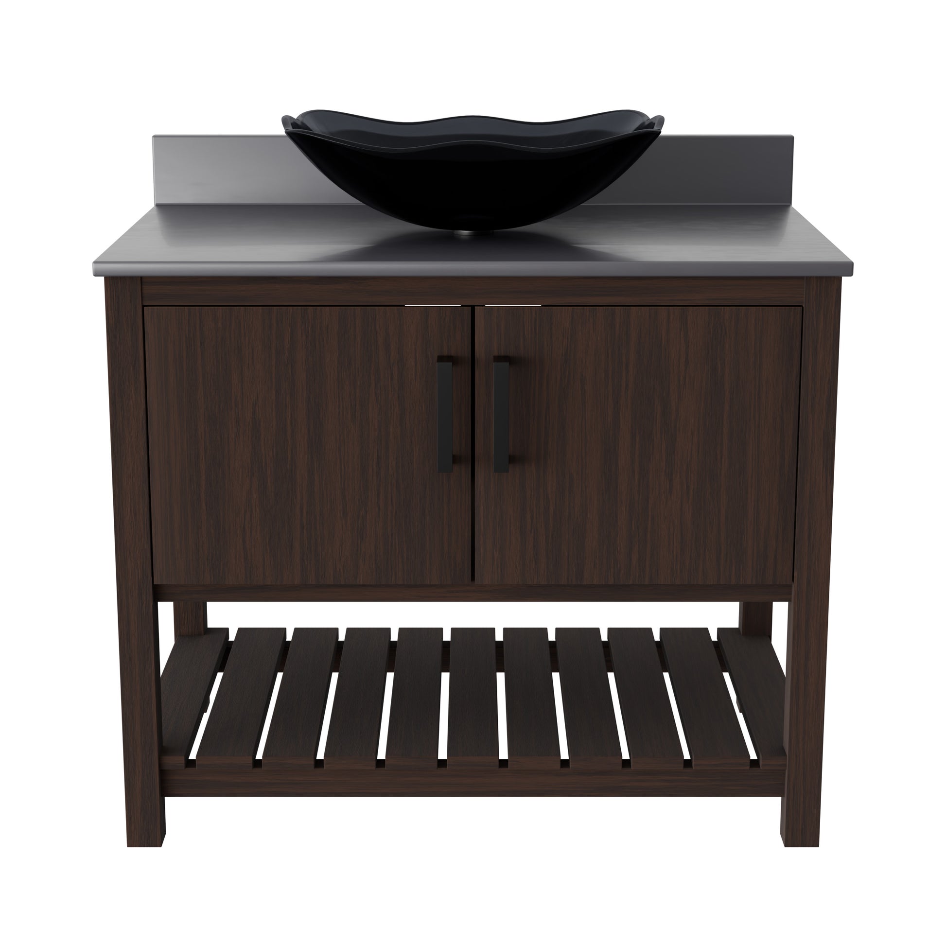 36-inch Novatto bath vanity with storm grey quartz countertop and integrated sink, featuring modern design and durable construction.
