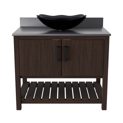 36-inch Novatto bath vanity with storm grey quartz countertop and integrated sink, featuring modern design and durable construction.