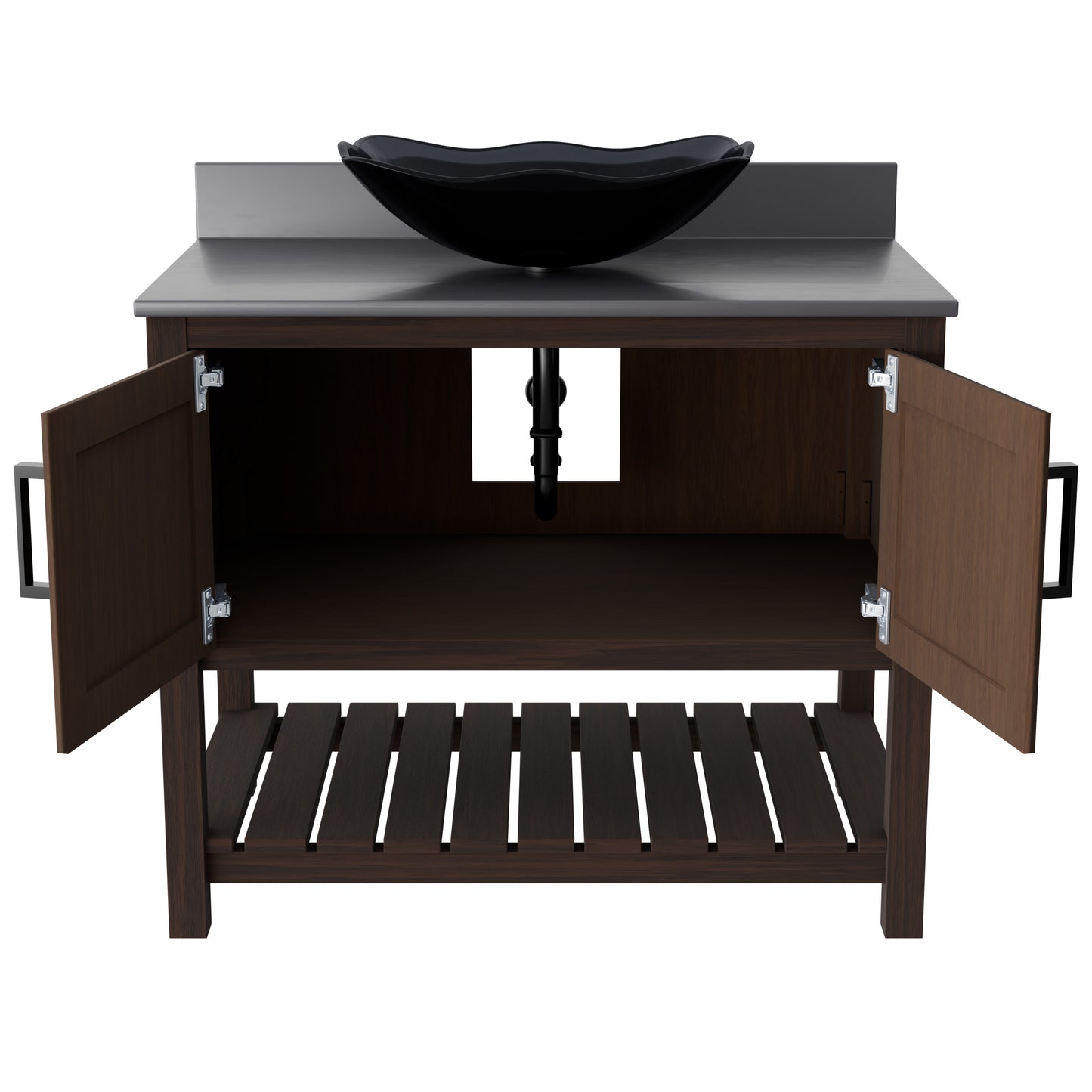 36-inch Novatto bath vanity with storm grey quartz countertop and integrated sink, modern bathroom accessory.