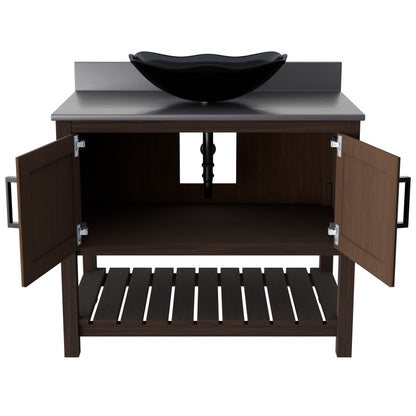 36-inch Novatto bath vanity with storm grey quartz countertop and integrated sink, modern bathroom accessory.