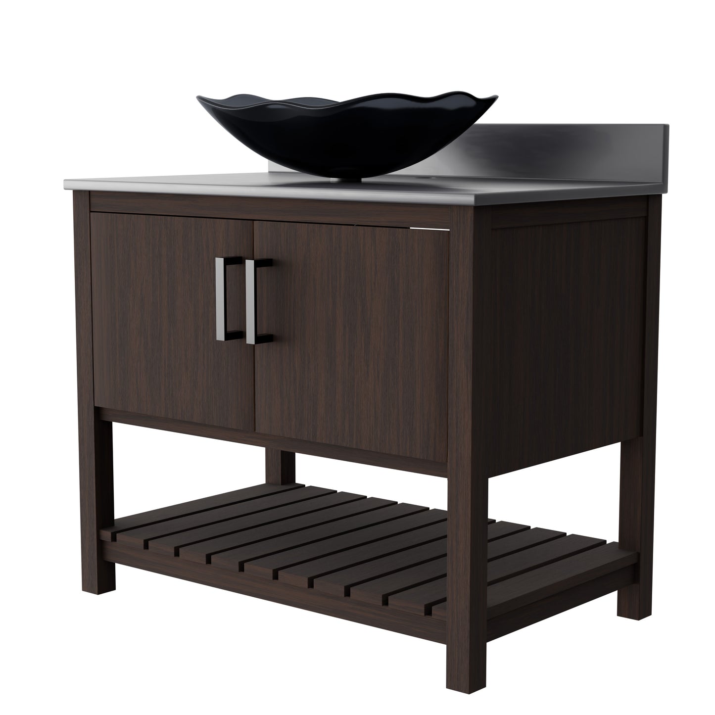 36-inch Novatto bath vanity with storm grey quartz countertop and sink, shown from a front view with sleek design details.
