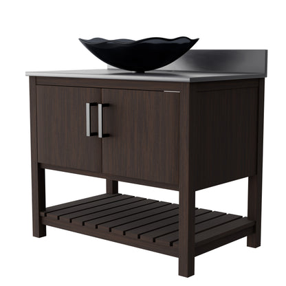 36-inch Novatto bath vanity with storm grey quartz countertop and sink, shown from a front view with sleek design details.