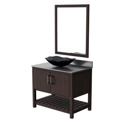Novatto 36-inch bath vanity with storm grey quartz countertop and integrated sink, modern bathroom accessory.