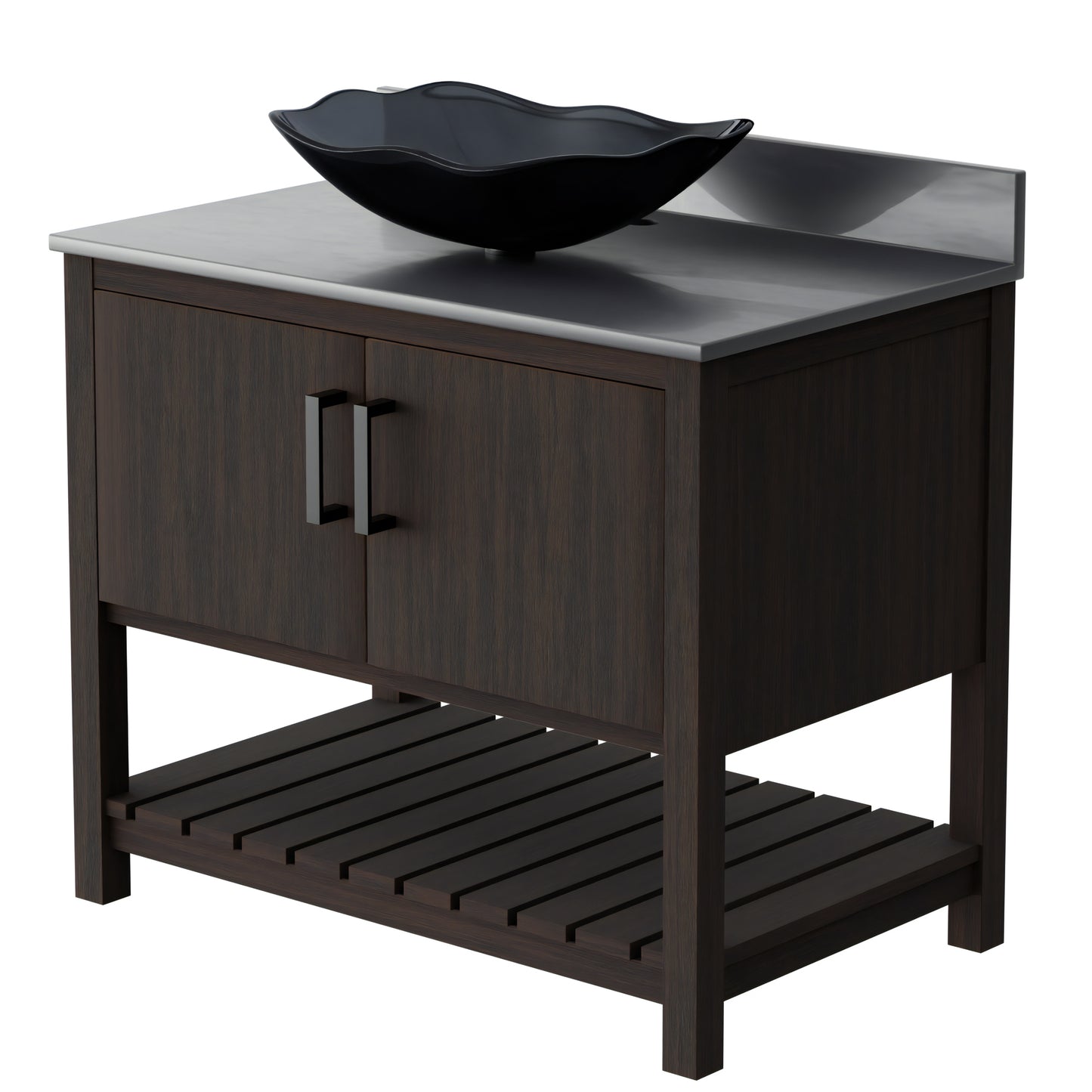 36-inch Novatto bath vanity with storm grey quartz countertop and integrated sink, featuring a sleek, modern design.