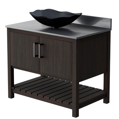 36-inch Novatto bath vanity with storm grey quartz countertop and integrated sink, featuring a sleek, modern design.