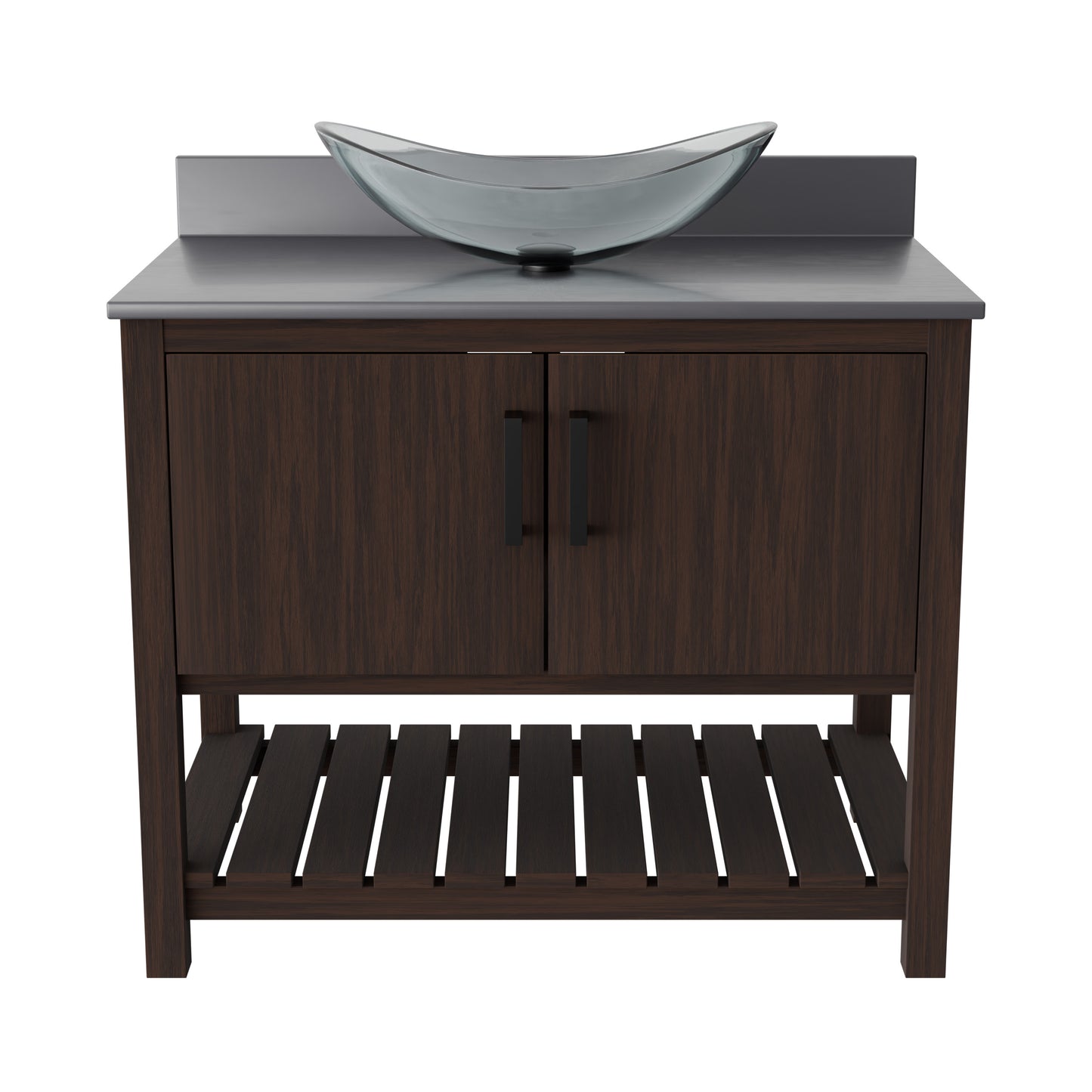 36-inch Novatto bath vanity with storm grey quartz countertop and sink, showcasing sleek bathroom accessory design.