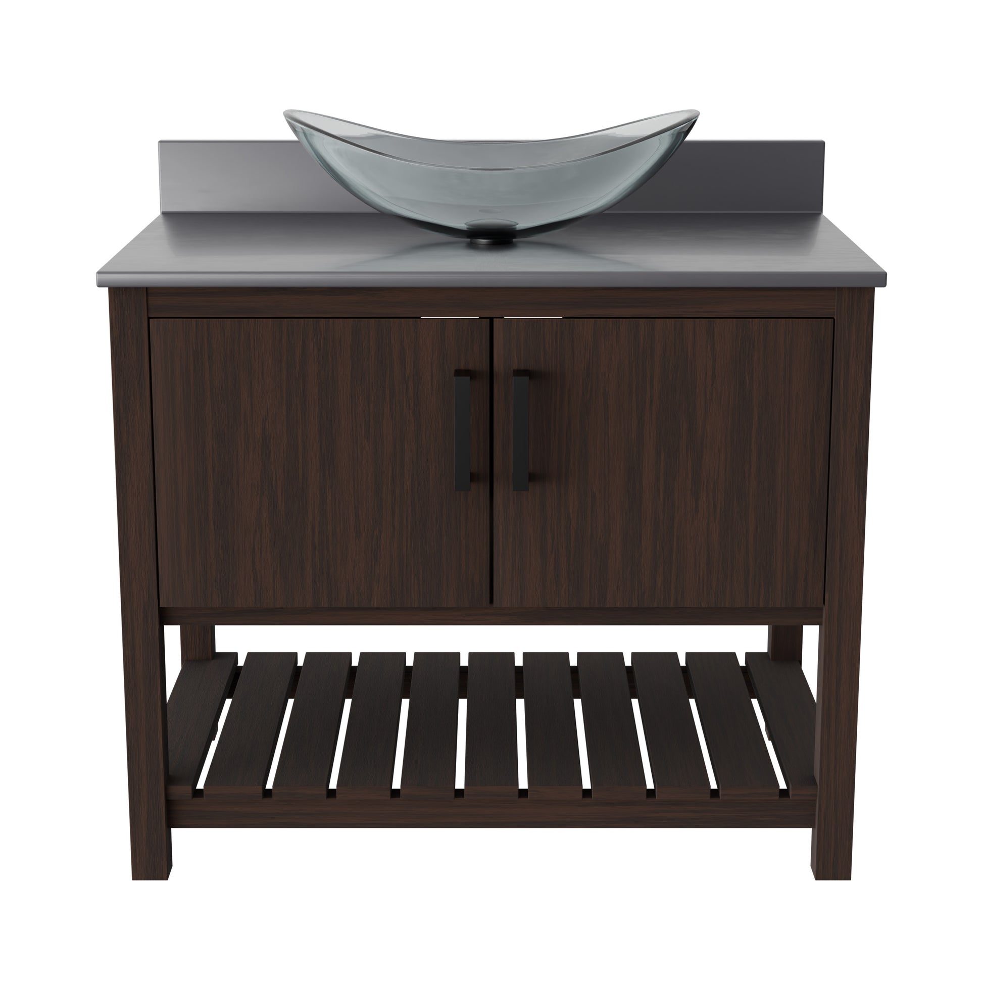 36-inch Novatto bath vanity with storm grey quartz countertop and sink, showcasing sleek bathroom accessory design.