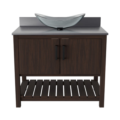 36-inch Novatto bath vanity with storm grey quartz countertop and sink, showcasing sleek bathroom accessory design.