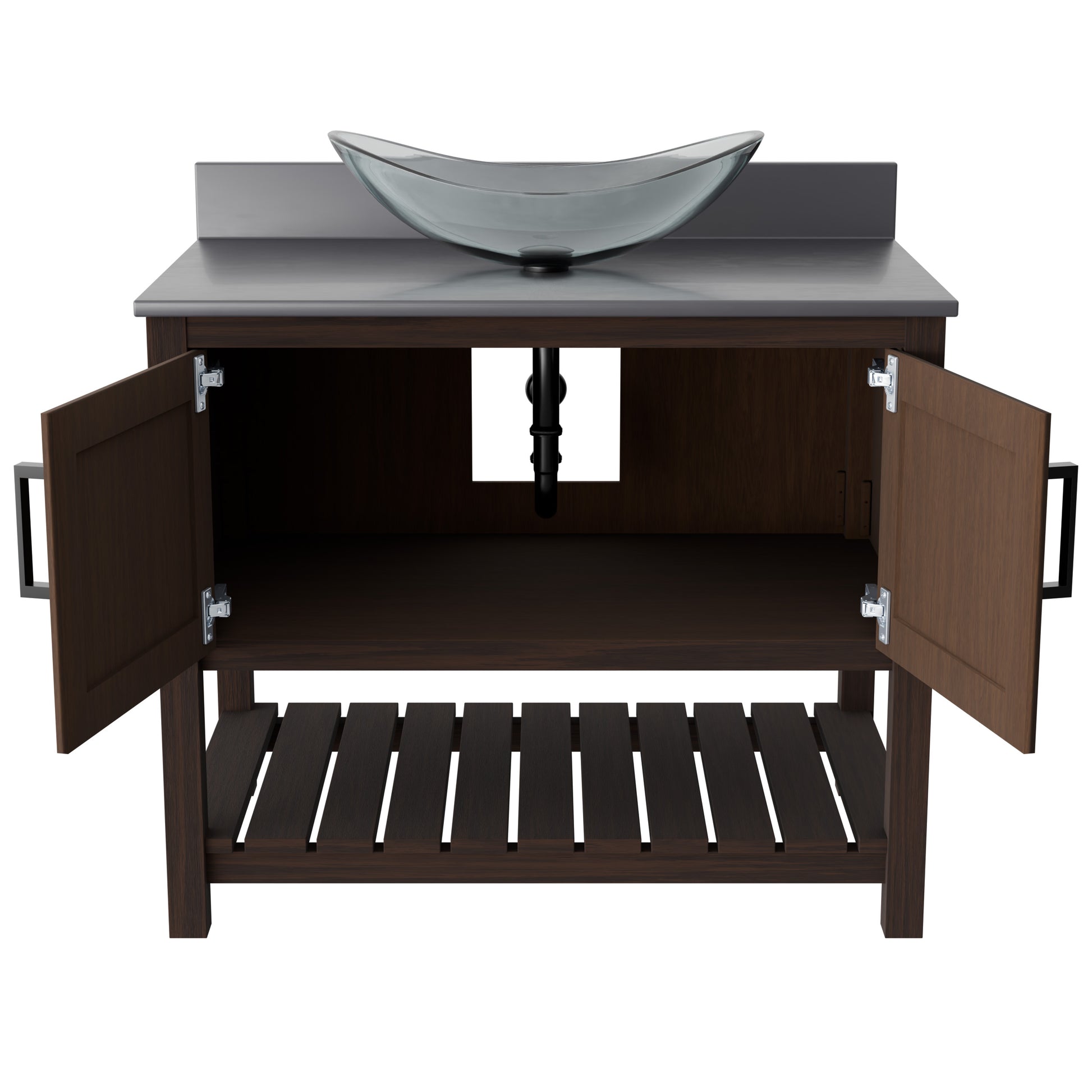 Novatto 36-inch bath vanity with storm grey quartz countertop and integrated sink, showcasing modern bathroom accessory design.