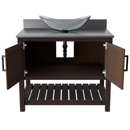 Novatto 36-inch bath vanity with storm grey quartz countertop and integrated sink, showcasing modern bathroom accessory design.