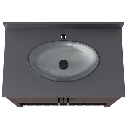 Novatto 36-inch bath vanity with storm grey quartz countertop and integrated sink, showcasing modern bathroom accessory design.