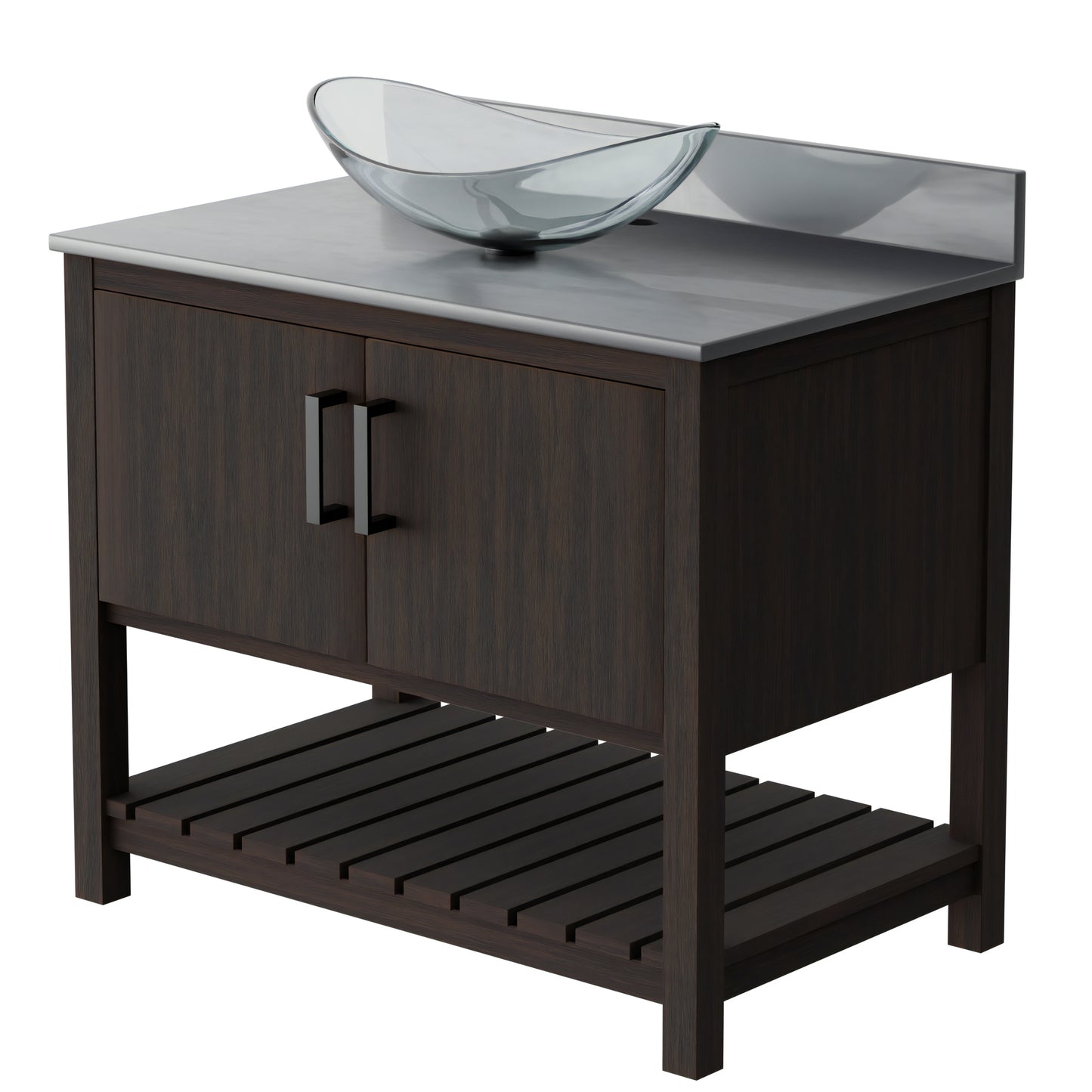 Novatto 36-inch bath vanity with storm grey quartz countertop and integrated sink, modern bathroom accessory.