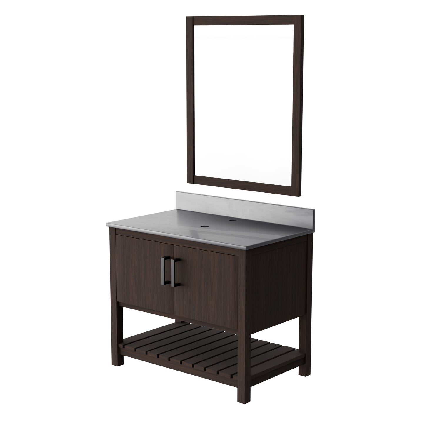36-inch Novatto vanity with storm grey quartz countertop, sleek modern bathroom accessory with clean lines and smooth finish.