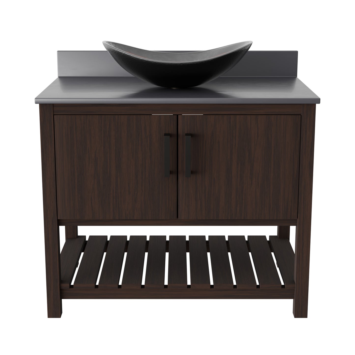 36-inch Novatto bath vanity with storm grey quartz countertop and integrated sink, modern accessory for bathroom decor.
