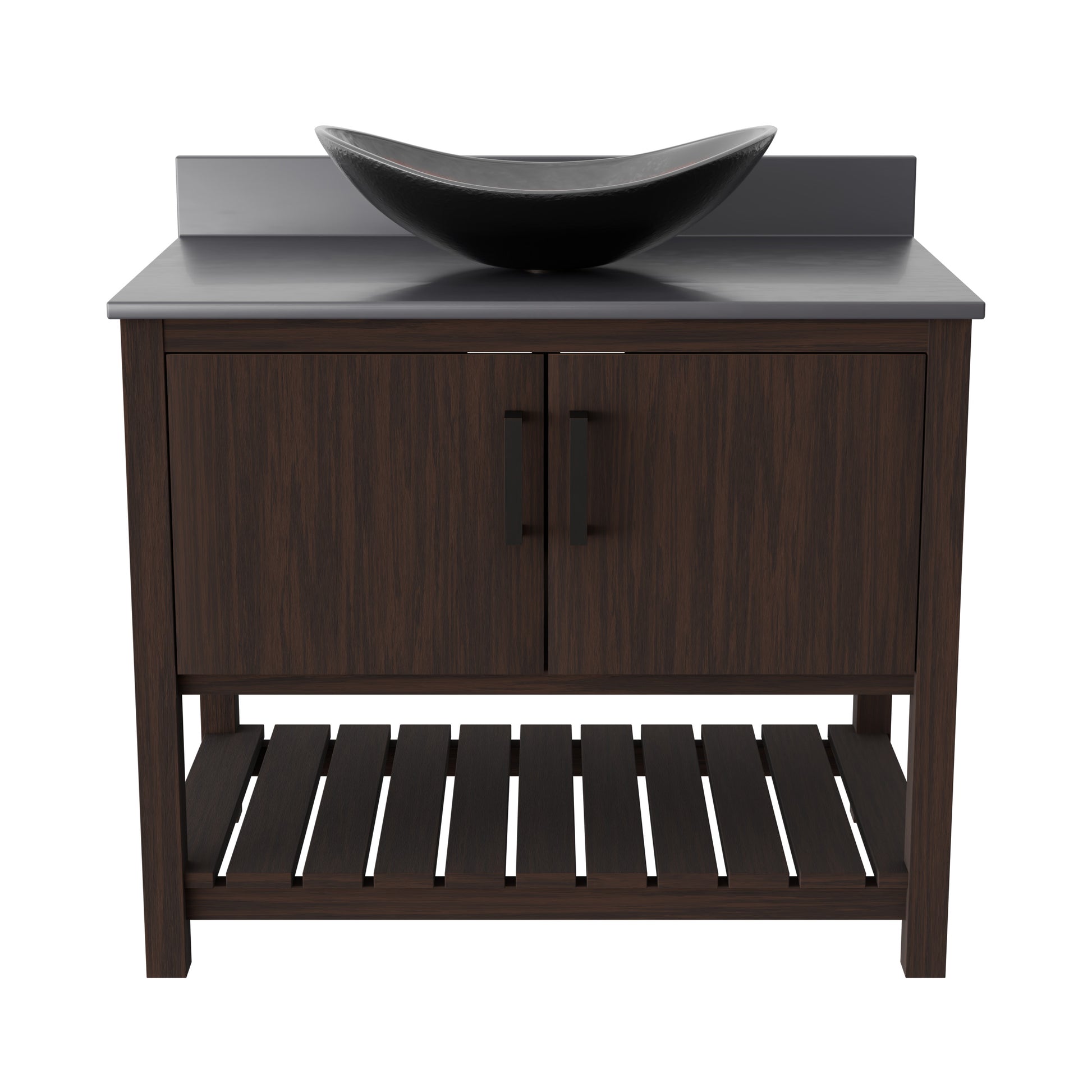 36-inch Novatto bath vanity with storm grey quartz countertop and integrated sink, modern accessory for bathroom decor.