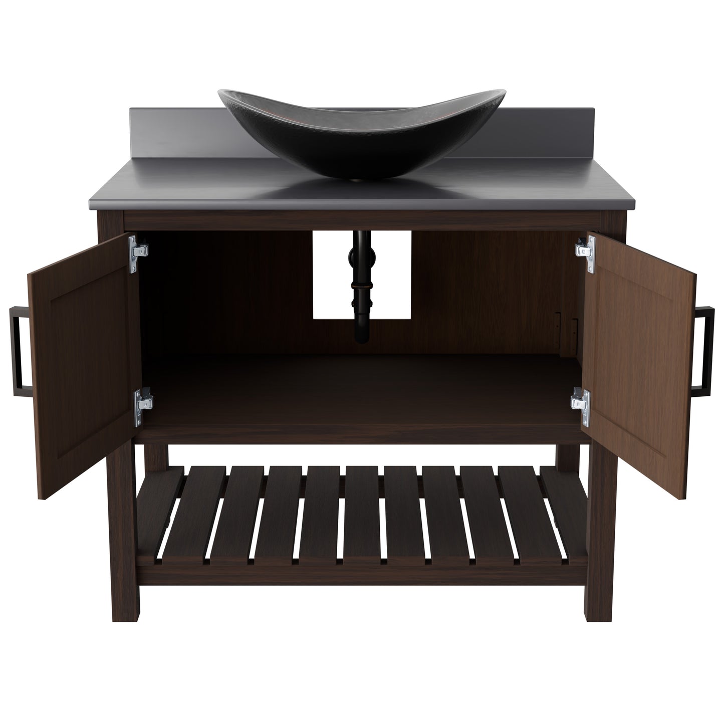 Novatto 36-inch bath vanity with storm grey quartz countertop and integrated sink, modern bathroom accessory with sleek design
