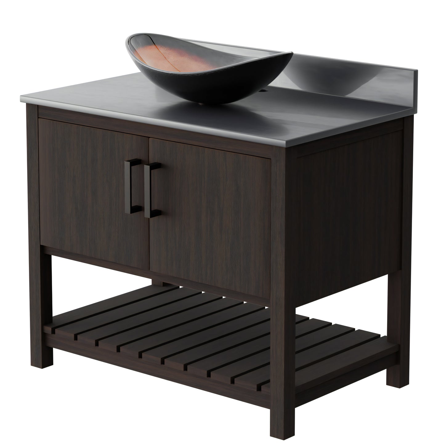 Novatto 36-inch bath vanity with storm grey quartz counter and sink, featuring modern accessory design.