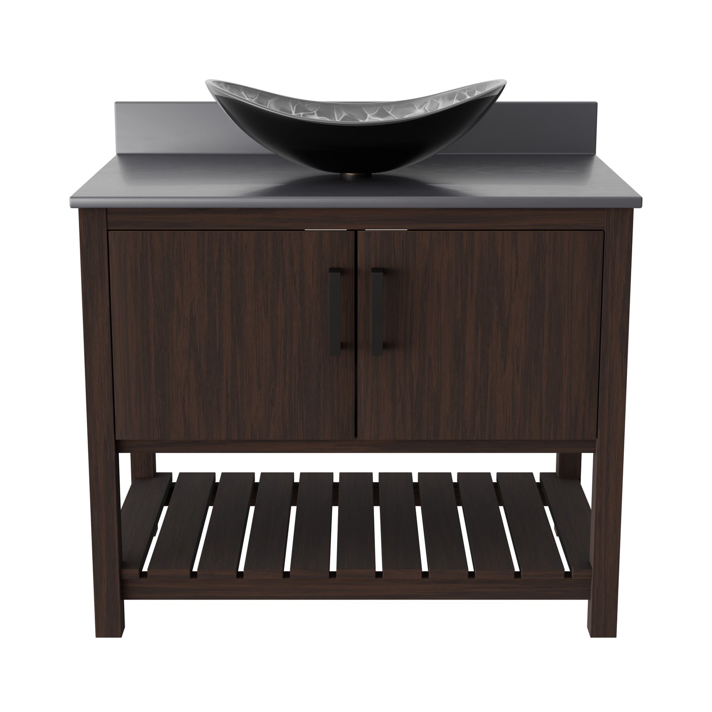 36-inch Novatto bath vanity with storm grey quartz countertop and integrated sink, modern bathroom accessory.
