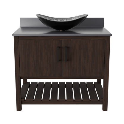 36-inch Novatto bath vanity with storm grey quartz countertop and integrated sink, modern bathroom accessory.