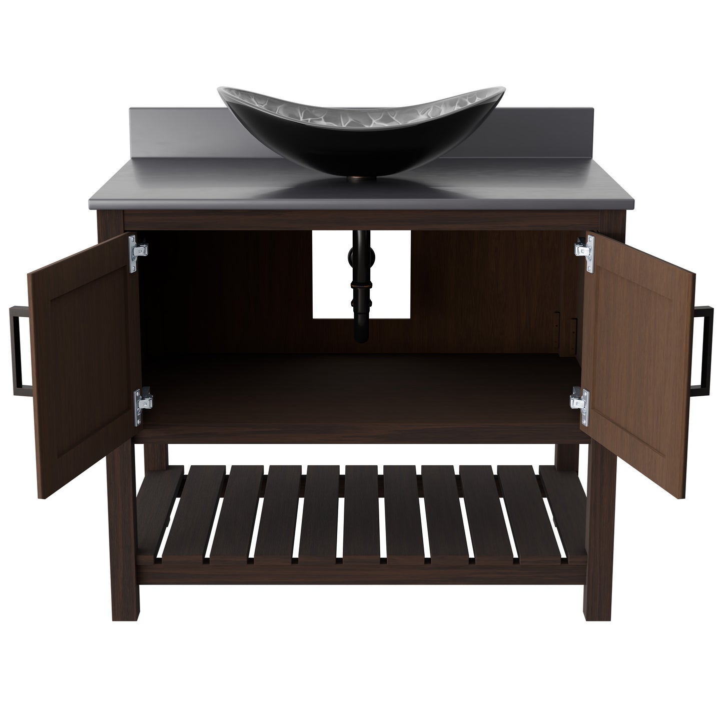 36-inch Novatto bath vanity with storm grey quartz countertop and sink, showcasing sleek bathroom accessory design