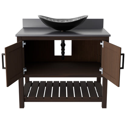 36-inch Novatto bath vanity with storm grey quartz countertop and sink, showcasing sleek bathroom accessory design