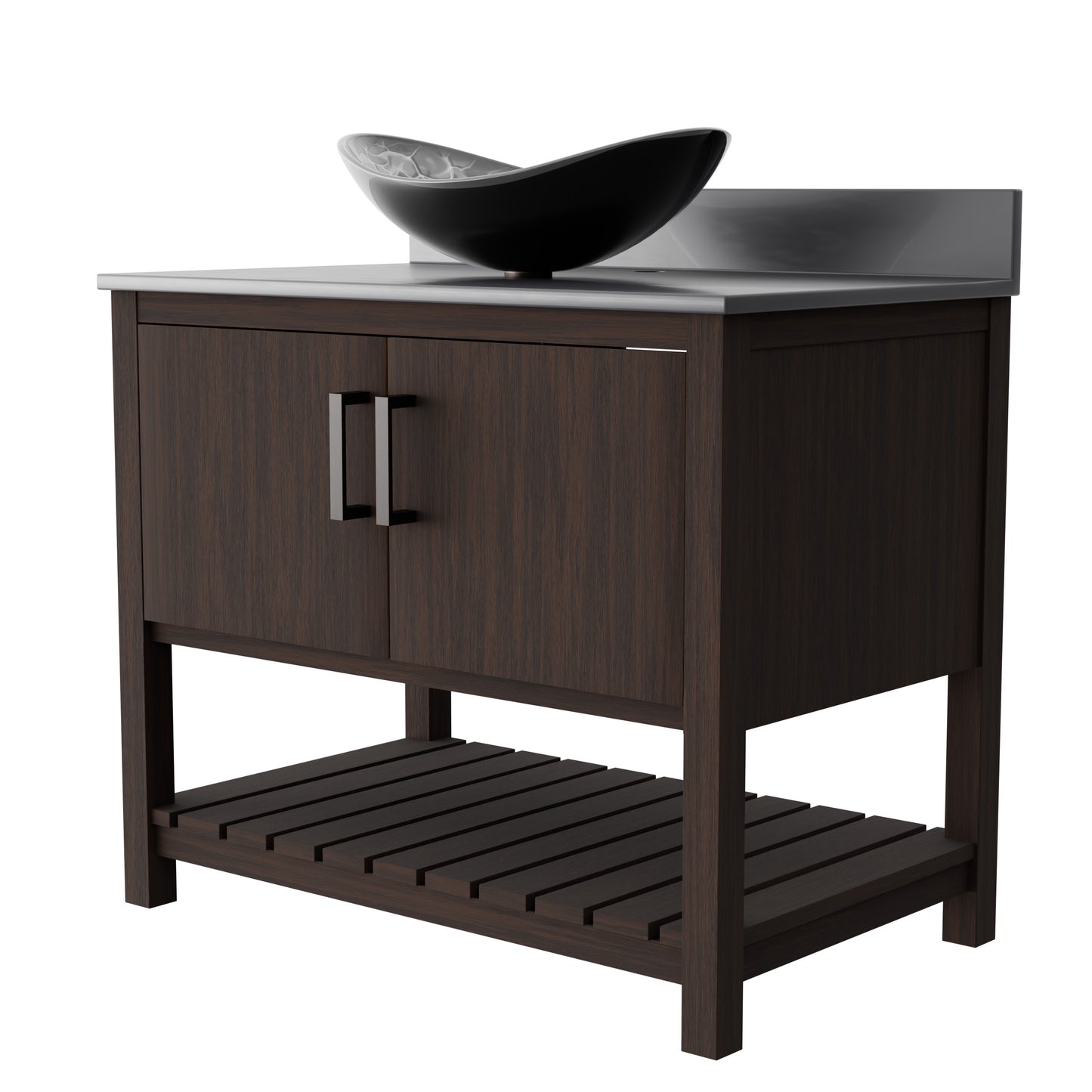Novatto 36-inch bath vanity with storm grey quartz countertop and sink, featuring modern accessory design.