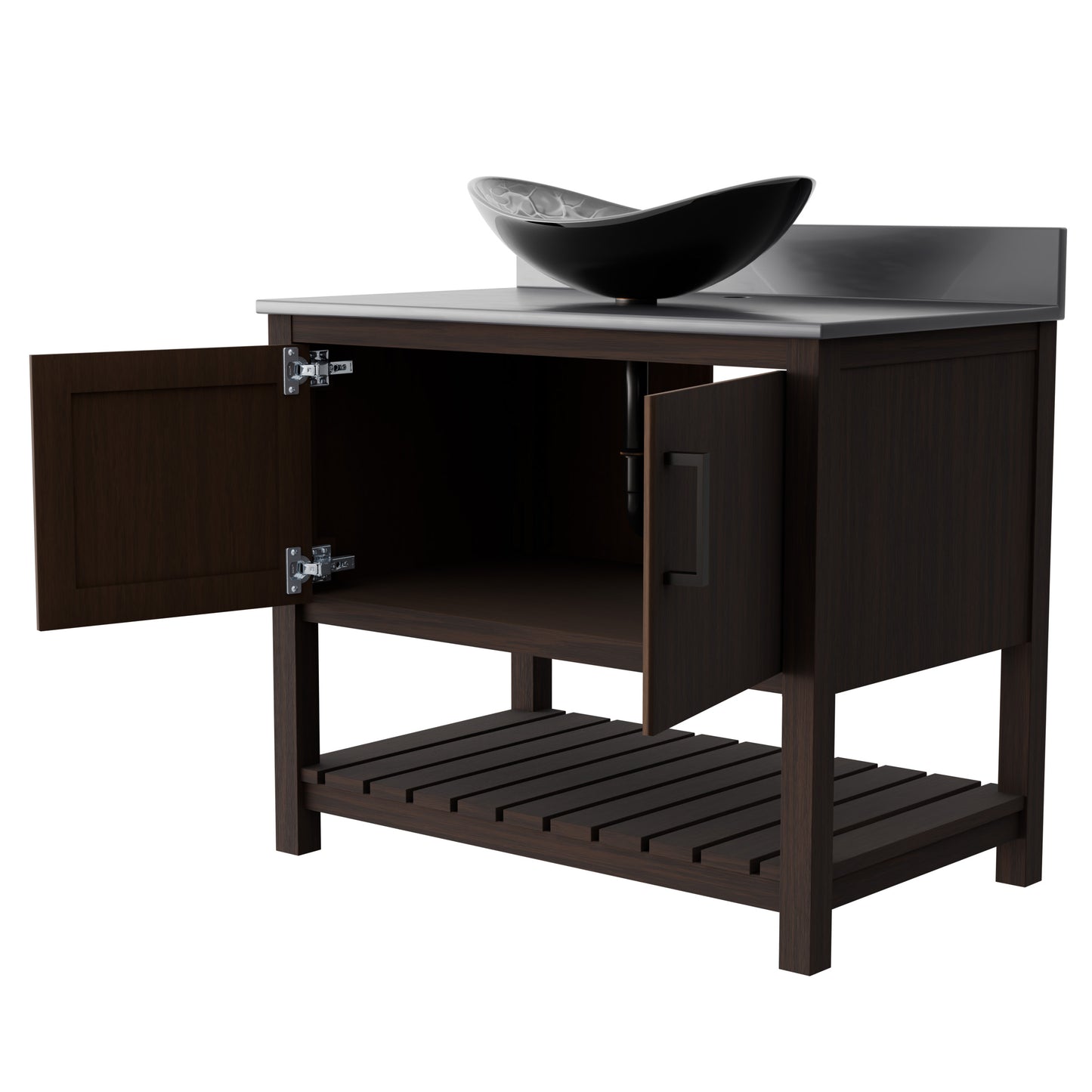 Novatto 36-inch bathroom vanity with storm grey quartz countertop and integrated sink, stylish and functional accessory.