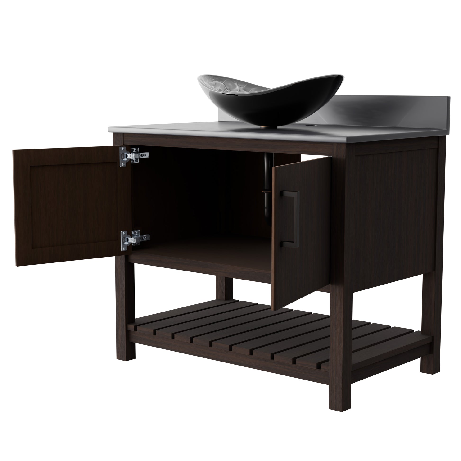 Novatto 36-inch bathroom vanity with storm grey quartz countertop and integrated sink, stylish and functional accessory.