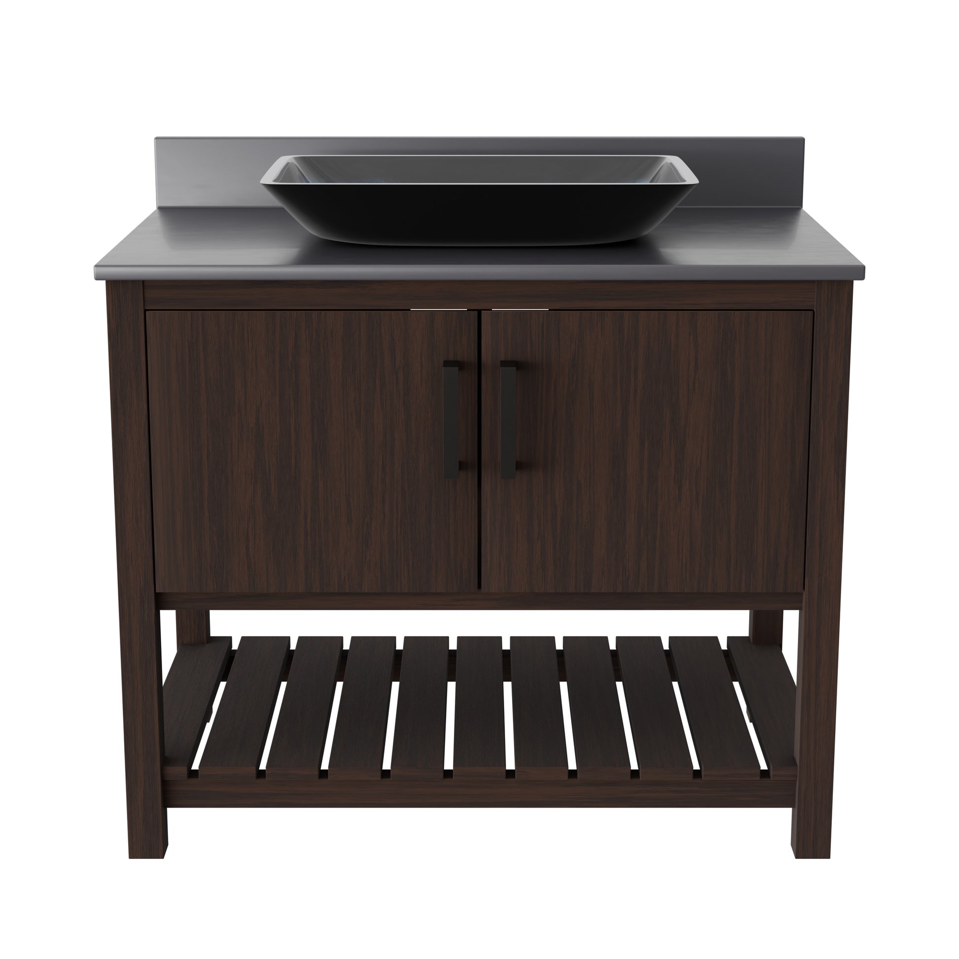 36-inch Novatto bath vanity with storm grey quartz countertop and sink, featuring a sleek, modern design.