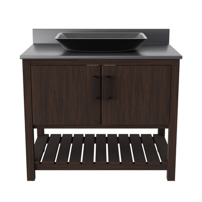36-inch Novatto bath vanity with storm grey quartz countertop and sink, featuring a sleek, modern design.