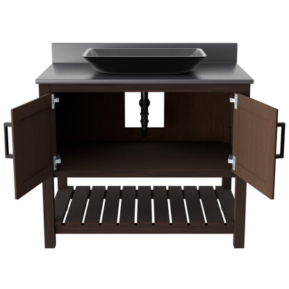 Novatto 36-inch bath vanity with storm grey quartz countertop and sink, showcasing modern bathroom accessory design.