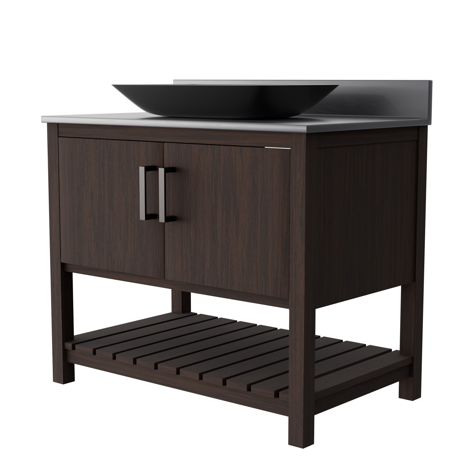 36-inch Novatto bath vanity with storm grey quartz countertop and sink, showcasing the sleek design and modern finish.
