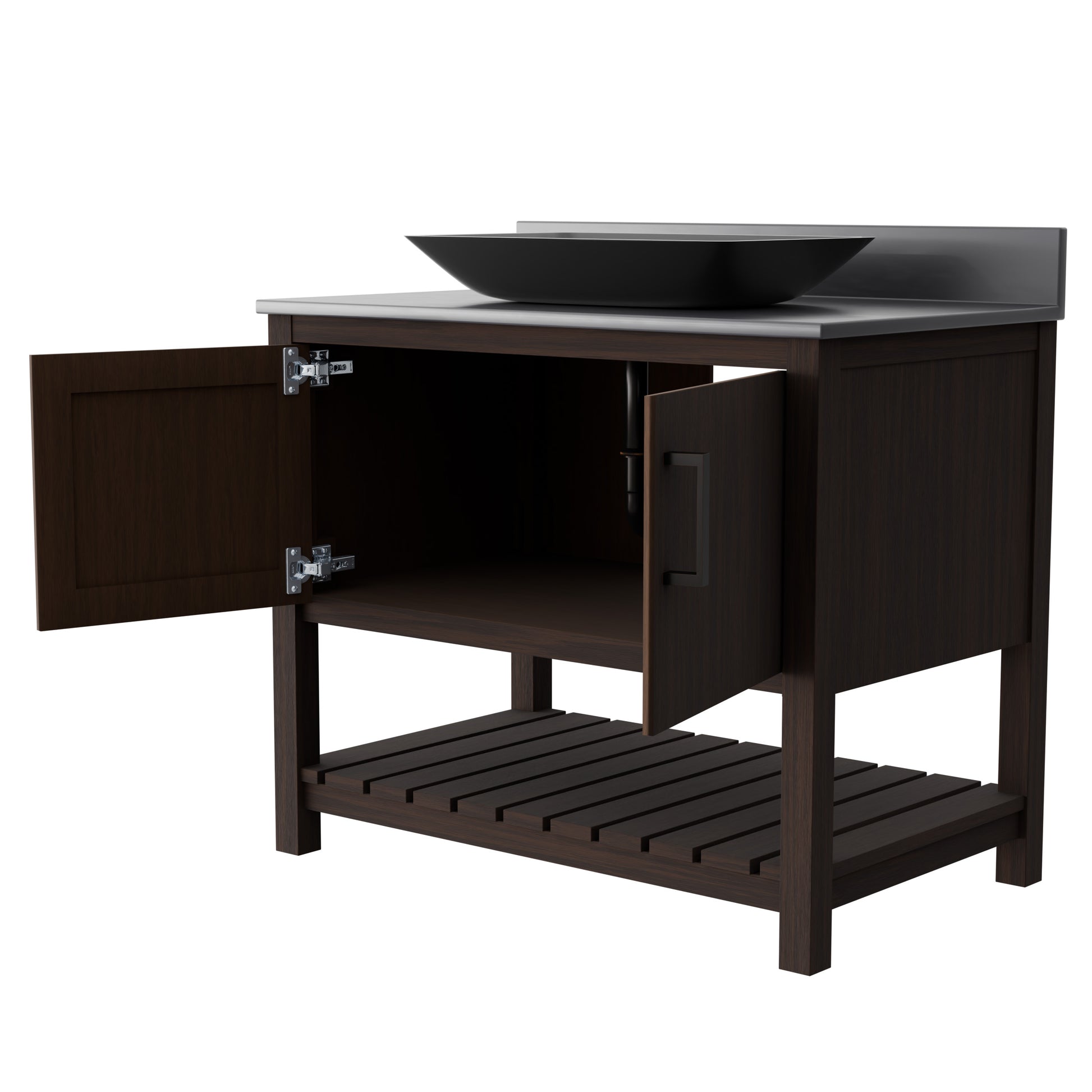 36-inch Novatto bath vanity with storm grey quartz countertop and sink, showcasing sleek bathroom accessory design.