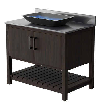 36-inch Novatto bath vanity with storm grey quartz counter and sink, showcasing modern bathroom accessory design.