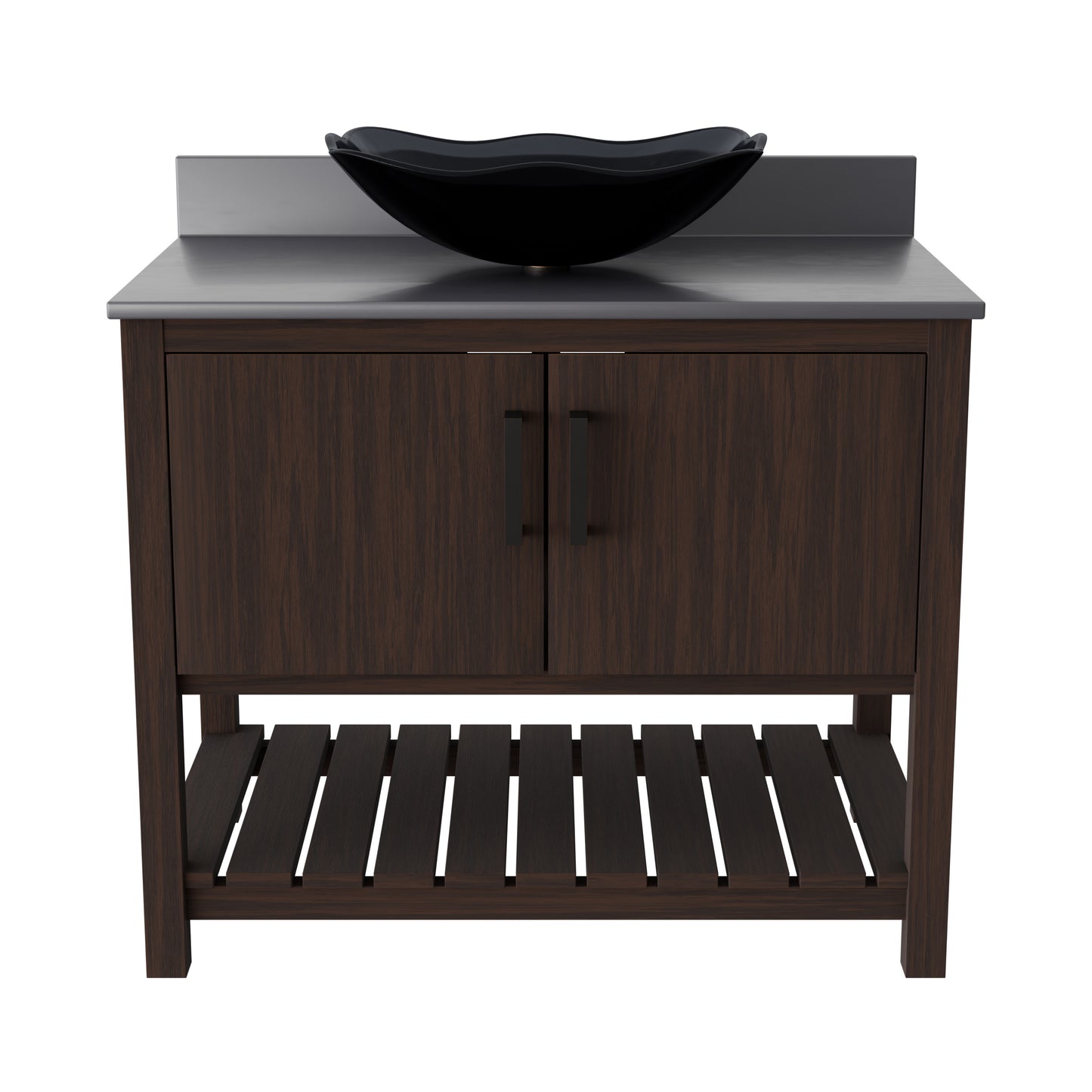 36-inch Novatto bath vanity with storm grey quartz countertop and integrated sink, showcasing modern bathroom accessory design.