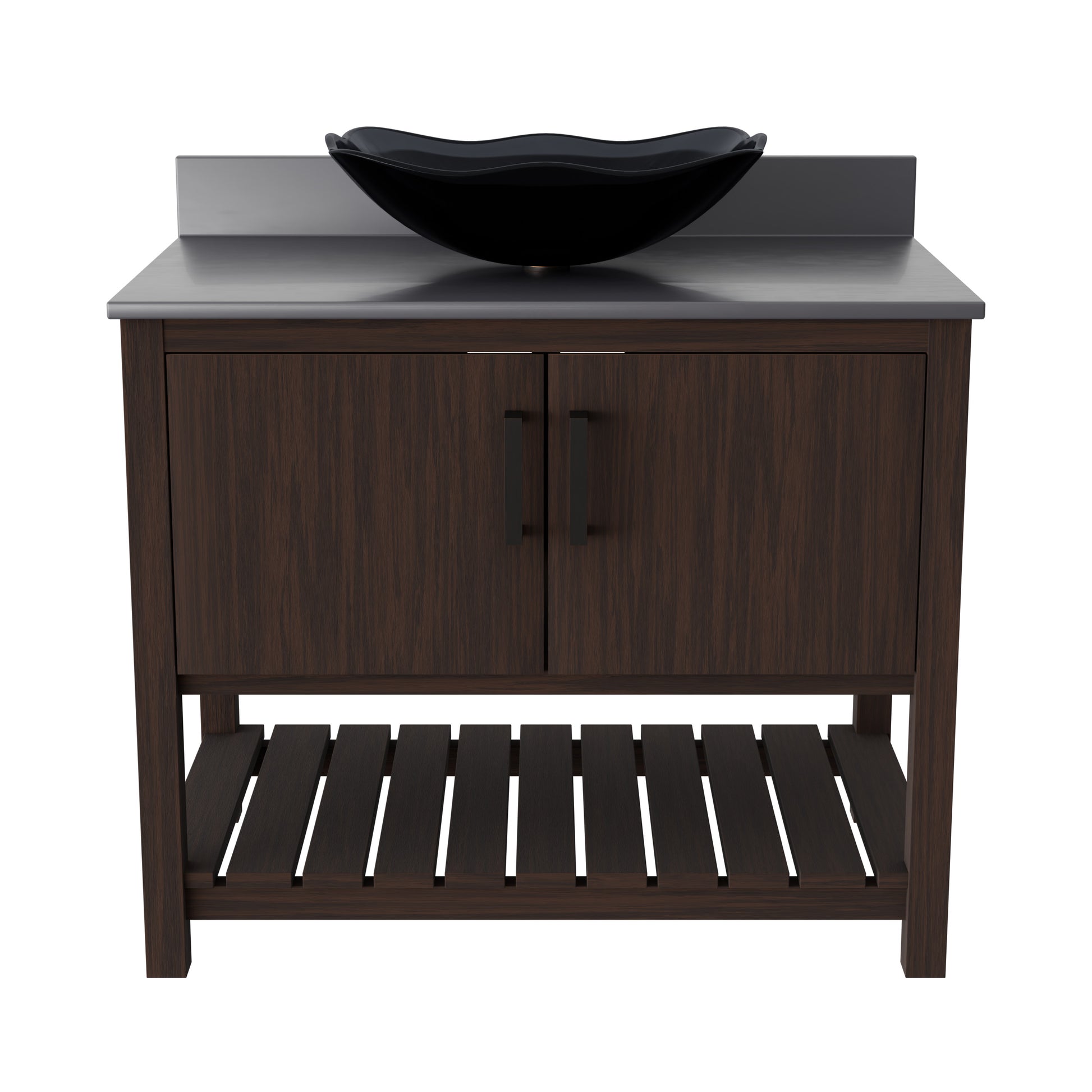 36-inch Novatto bath vanity with storm grey quartz countertop and integrated sink, showcasing modern bathroom accessory design.