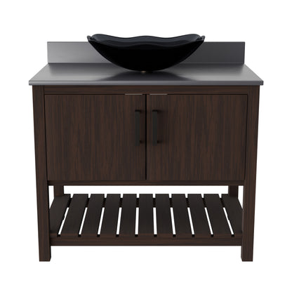36-inch Novatto bath vanity with storm grey quartz countertop and integrated sink, showcasing modern bathroom accessory design.