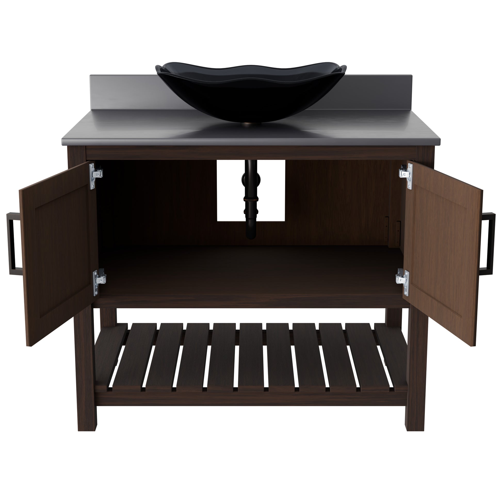 Novatto 36-inch bath vanity with storm grey quartz countertop and sink, showcasing modern bathroom accessory design.